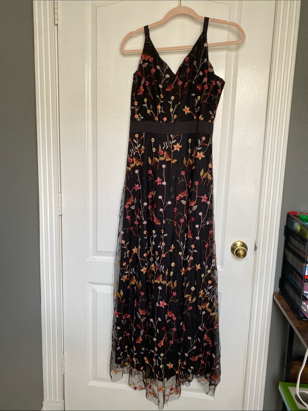 Black Maxi Dress with Multicolor Floral Embroidery